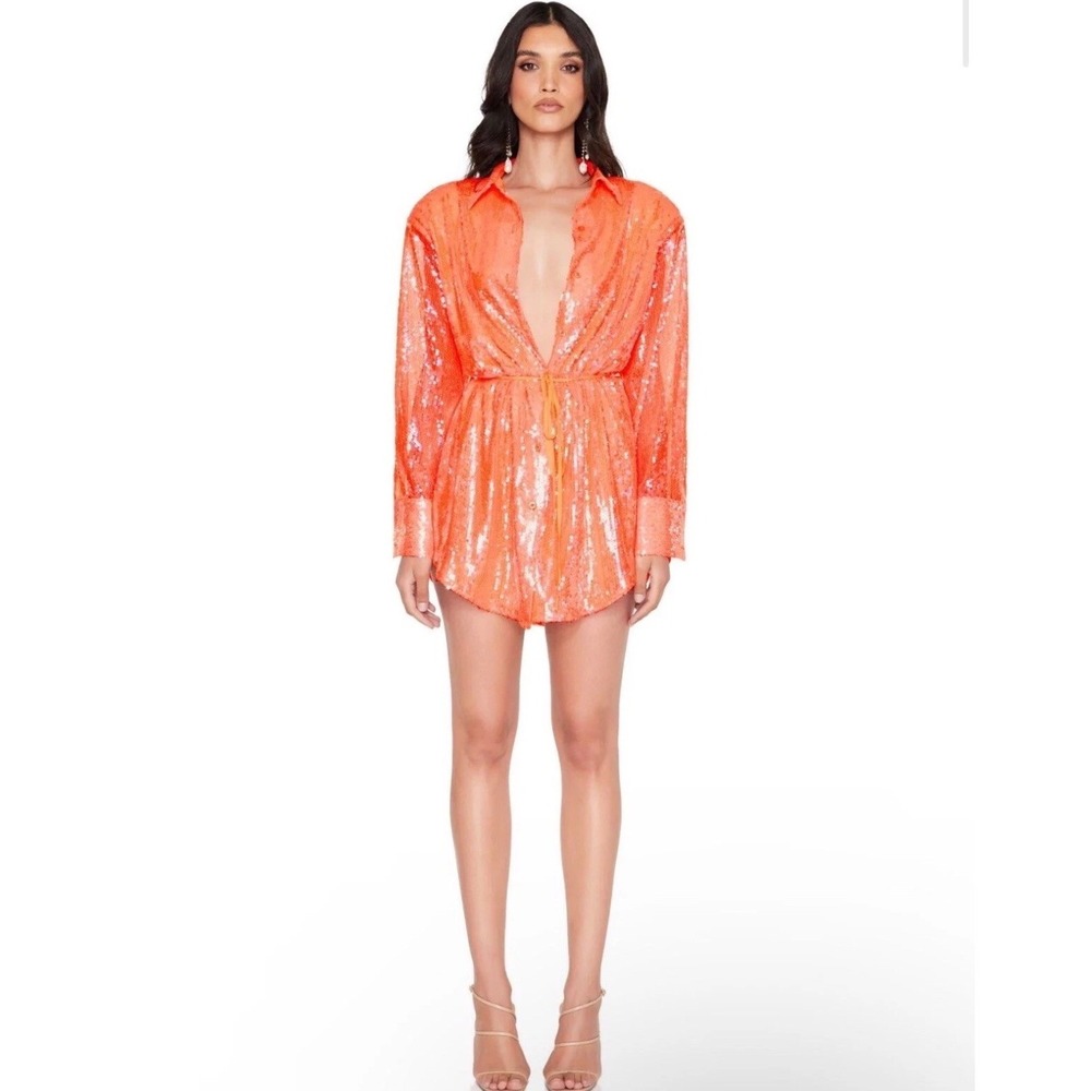 NWT Nookie Oracle Sequin Shirt Dress Small Peach Neon Coral Revolve Party Mini